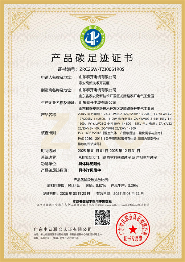 產品碳足跡證書（35-220kV電力電纜）